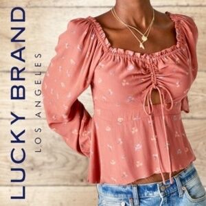 LUCKY BRAND Floral Ruched-Front Long Sleeve Top in Etruscan Red  NWT/LG